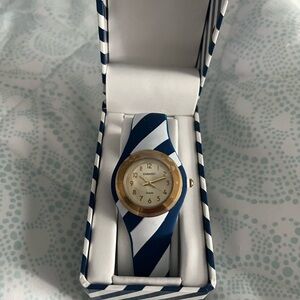 Blue and White Striped Watch with Gold Accents